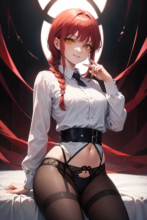 Makima, Makima, Long hair, malicious  Bangs, (medium breasts:1.2), (Yellow eyes:1.2), braid, Red hair , smug smile evil , braided ponytails, Ringed Eyes, BREAK  white shirt transparent , niplles   Long sleeves,  White shirt , thong pantie , garterbelt , la...