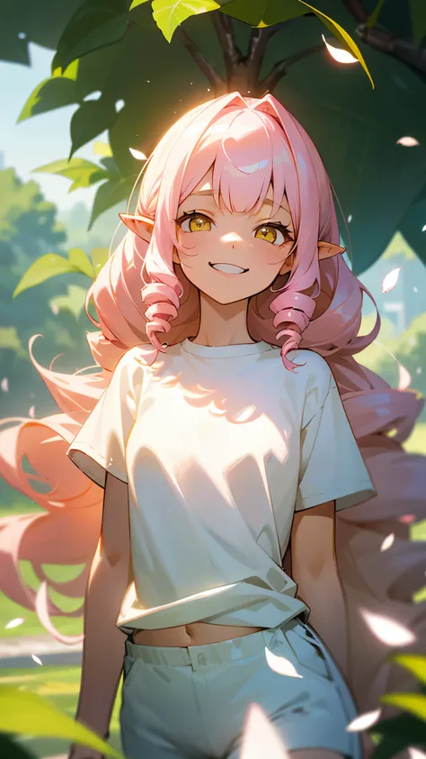 Girl、Long Hair Pink、Twin Drill, Bangs divided into left and right:1.5、Yellow Eyes、Pointy Ears、Grin、White T-shirt with ethnic pattern、White shorts、1 beautiful and delicate portrait、The background scenery is a garden where petals are scattering.、Soft lightin...