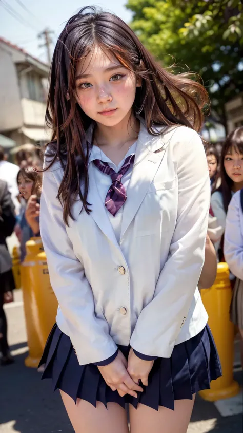 (High school girls walking on Tokyo street:1.2、blue sky)、((school uniform、blazer、Pleated skirt、Navy blue socks、loafers)、the wind is strong、(Realistic、Like a photograph、Live Action、8K, Realistic, RAW Photos, Best image quality: 1.4), Single-lens reflex came...