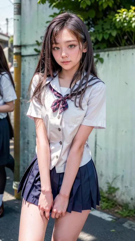 (High school girls walking on Tokyo street:1.2、blue sky)、((school uniform、blazer、Pleated skirt、Navy blue socks、loafers)、the wind is strong、(Realistic、Like a photograph、Live Action、8K, Realistic, RAW Photos, Best image quality: 1.4), Single-lens reflex came...