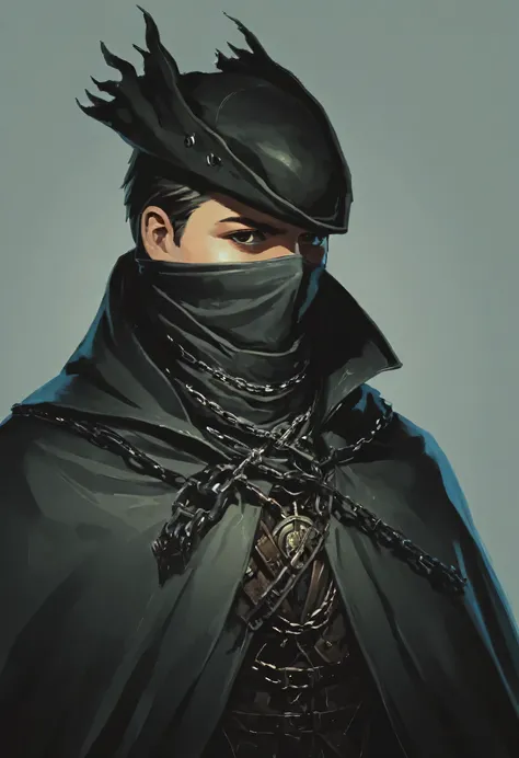 Flat 2D Art, bbhunter, solo, looking at viewer, 1boy, hat, upper body, male focus, mask, chain, cloak, tricorne, hunter (bloodborne), simple flat color, 2-dimensional, Flat 2D Art Style, bbhunter, solo, looking at viewer, 1boy, hat, upper body, male focus,...