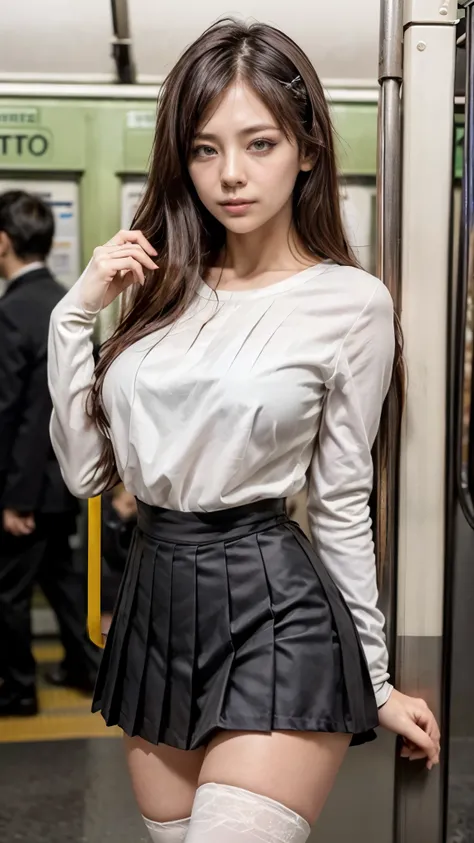 (A woman standing on the Yamanote Line:1.5)、(Realistic、Like a photograph、Live Action、8k, Realistic, RAW Photos, Best image quality: 1.4), Single-lens reflex camera、RAW Photos, Highest quality, Realistic, Highly detailed CG Unity 8k wallpaper, Written bound...