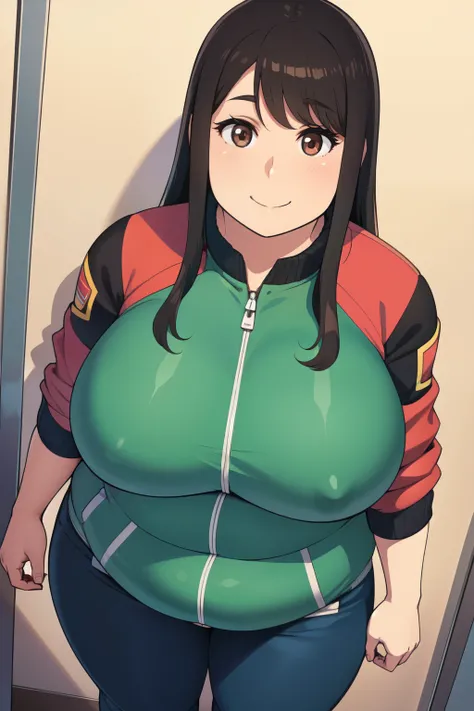 Plump year 21 big breasts black hair brown eyes chubby longer hair big breastview seen from above jacket smile