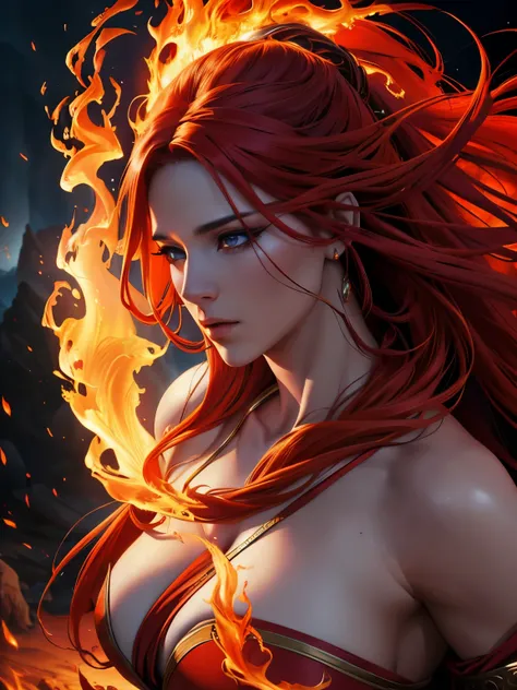 a beautiful fire spirit, detailed face and expression, long flowing hair, glowing fiery skin, ethereal and mystical, (best quality,4k,8k,highres,masterpiece:1.2),ultra-detailed,(realistic,photorealistic,photo-realistic:1.37),dramatic lighting, vivid colors...