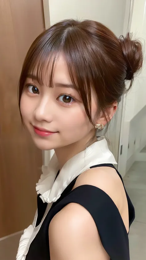 (8k, Highest quality, Real、 Ultra-high resolution:1.5),Beautiful Japanese Women, ((Cute Smile)),（Updo）, (Sleeveless shirt with collar), A side profile peering into this, Close-up shot of the face、