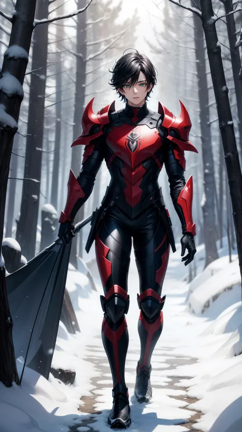 アニメ, {{boy}} de 18 anos, {Perfect and detailed face},[perfect nose], {Bblack hair}, {[well detailed green eyes]},{asymmetrical eyes}, {visible lips}, {[(full body 5.0)]}, {hyper detailed full black and red armor}, {walking in a snow-covered forest}
{8k ima...