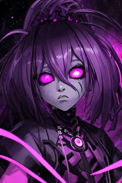 CREATE ME A "PHONK" COVER FOR MY SPOTIFY PLAYLIST. PURPLE, PINK LIGHTS, GALAXY, SCARY STRONG ANIME CARACTER, BLACK EYES, GREEN FIRE OUT OF THE CARACTER EYES