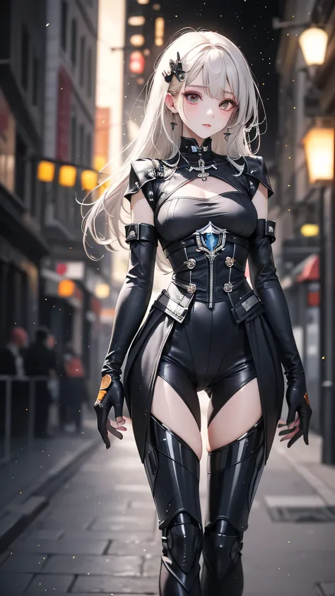 ((Film Grain, Bokeh, Particles of light ,Dust particles, Extreme camera angles.)), Dynamic pose, Full body photo of a young and attractive broken cyborg woman, Raise your eyebrows, night, Street lamp, Grey Hair