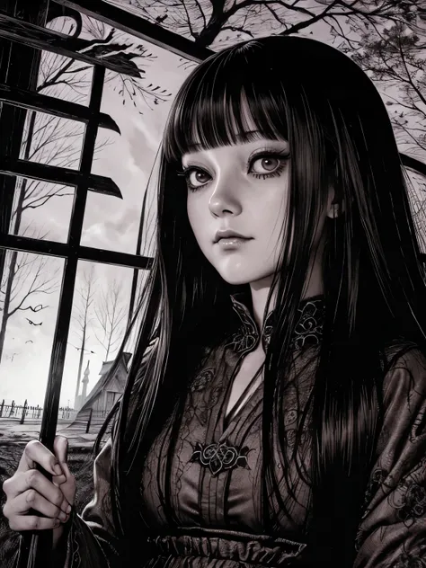 A beautiful and enchanting girl painting, Countless monsters are squirming behind me.、Anxious, Spooky, dark, noble,suspicious、Written by Junji Ito、A beautiful woman、Villainess、Japanese and Western、Unique and stylish hairstyle, hinted house , house , Hunted...