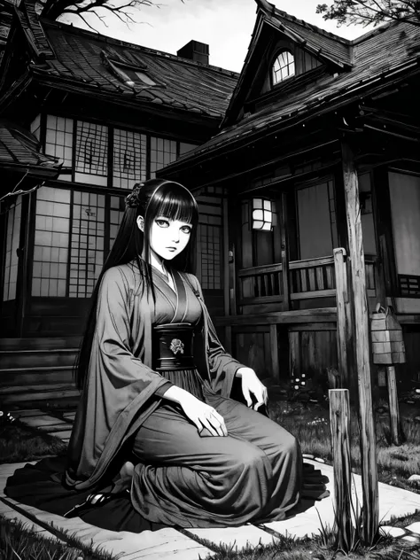 A beautiful and enchanting girl painting, Countless monsters are squirming behind me.、Anxious, Spooky, dark, noble,suspicious、Written by Junji Ito、A beautiful woman、Villainess、Japanese and Western、Unique and stylish hairstyle, hinted house , house , Hunted...