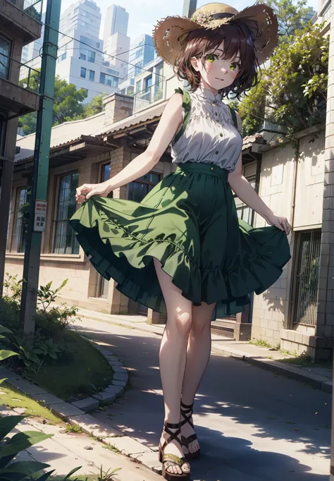 seven days, aoi hinami, short hair, bangs, brown hair, (green eyes:1.5), smile,straw hat,sleeveless dress,bare arms,long skirt,c...