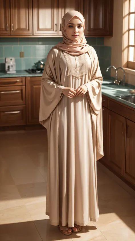 {{masterpiece, best quality, extremely detailed CG, unity 8k wallpaper, cinematic lighting, }}, Sony α7, wide frame, A man crossdressing as a woman wearing perfect loose hijab, no hair seen, pastel abaya dress, and slippers standing straight in the kitchen...