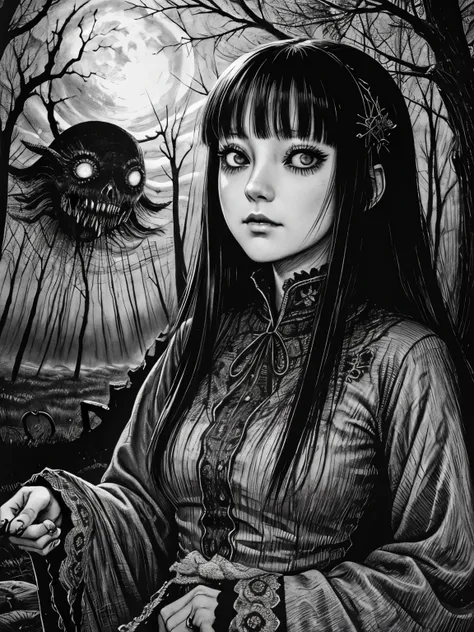 A beautiful and enchanting girl painting, Countless monsters are squirming behind me.、Anxious, Spooky, dark, noble,suspicious、Written by Junji Ito、A beautiful woman、Villainess、Japanese and Western