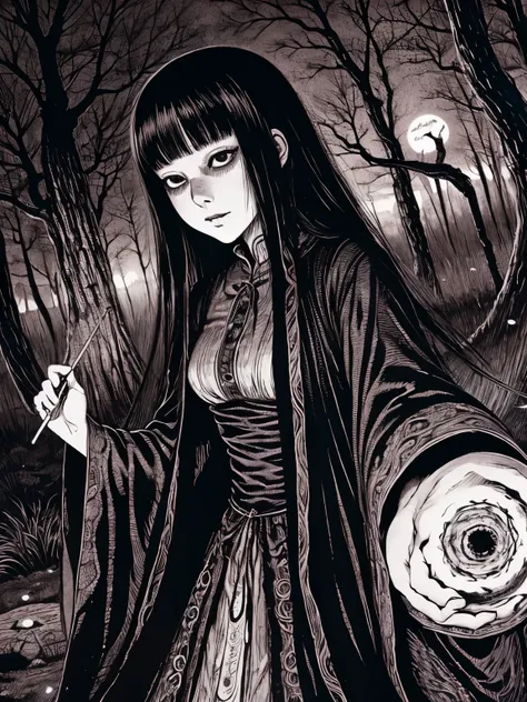 A beautiful and enchanting girl painting, Countless monsters are squirming behind me.、Anxious, Spooky, dark, noble,suspicious、Written by Junji Ito、A beautiful woman、Villainess、Japanese and Western