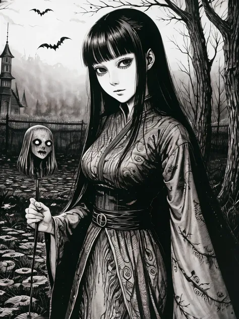 A beautiful and enchanting girl painting, Countless monsters are squirming behind me.、Anxious, Spooky, dark, noble,suspicious、Written by Junji Ito、A beautiful woman、Villainess、Japanese and Western