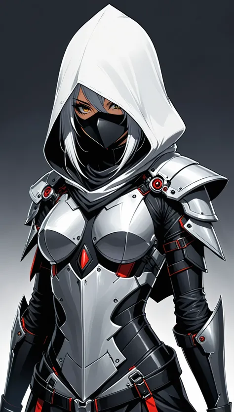 in style of Chris Mars,Chris Moore
(1girl,character conceptual design,half body),female assassin,the hood covered the whole face
BREAK
1 only mechanical transformation eyes,asymmetric shoulder armor,broken hood