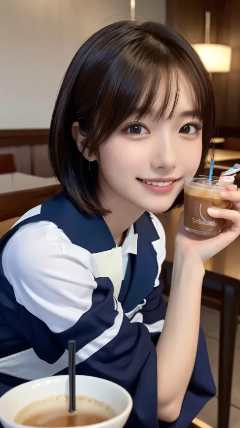 ((masterpiece, Highest quality, High resolution)), One of the Japan、(Realistic: 1.4), smile、Great face、Glossy lips、15 years old, short hair、(Beautiful Hair:1.5), Japanese high school uniform、Japanese Sailor Suit、At the cafe、In front of the table、Facing for...