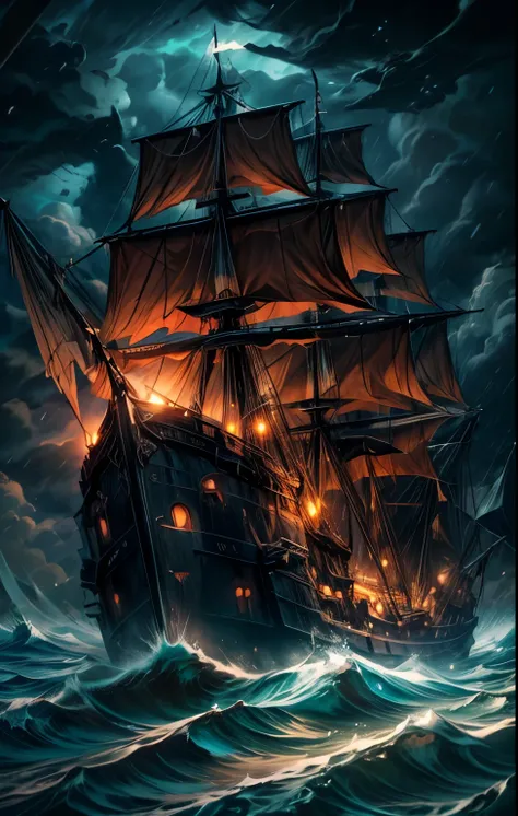 there is a Ship that is floating in the ocean at night, a Ship lost in a storm, gothic Ship on ocean, Ship at sea, dramatic nautical scene, Storm at sea, in rough seas with big waves, Shipwreck, old pirate Ship, on a pirate Ship background, The Flying Dutc...