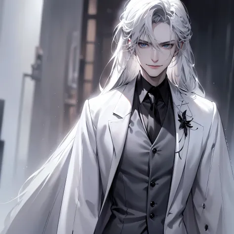one man, long white hair, pale skin, grey-blue eyes, long dark gray coat, white shirt, black gloves, black pant, black vest, black necktie, sadistic smile, white porcelain mask in hands, (best quality, 4k, 8k, highres, masterpiece:1.2), ultra-detailed, rea...