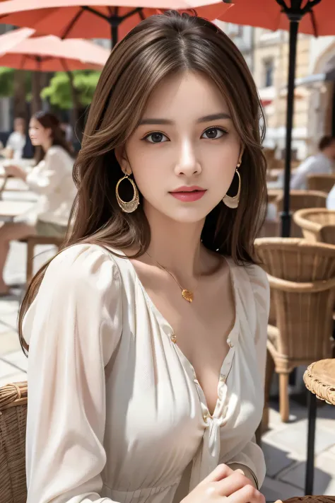 masterpiece, Highest quality, Realistic, Very detailed, Finer details, High resolution, 8k wallpaper, One beautiful woman,Wear a nice blouse, On the terrace of a lovely cafe, at noon, Light brown messy hair, Perfect dynamic composition, Beautiful and beaut...