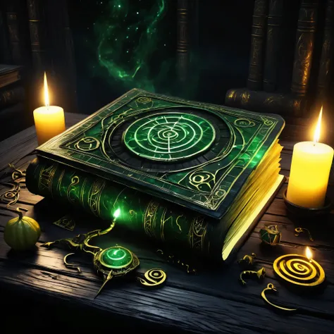 ((best quality)), ((masterpiece)), ((realistic,digital art)), (hyper detailed),DonMD34thM4g1cXL, magical grimoire with yellow worn pages and mystic runes, laying on an eerie ancient desk made of black wood, (dark, sinister:2.0), fading dark green magic swi...