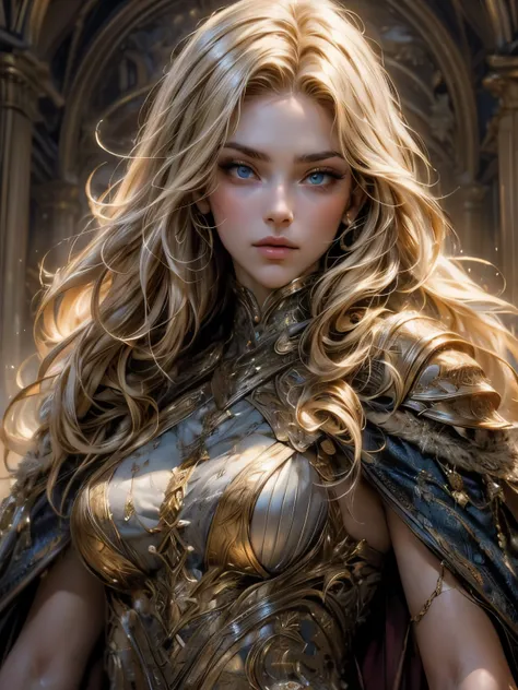 ((masterpiece、highest quality、Super detailed、High resolution、sharp focus、cinematic lighting))、portrait of a beautiful woman、cowboy shot、focus from the chest up、face light、viking warrior、((fur cloak、Warrior armor))、blonde hair、wavy hair、blue eyes、view audie...