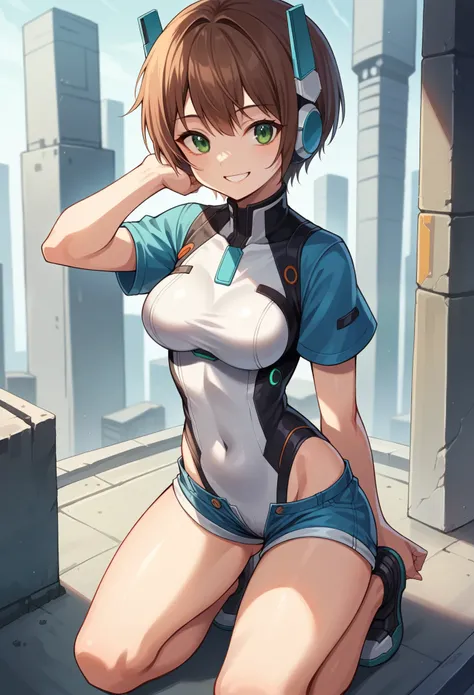 aile_megamanzx, kneeling with one hand on the ground and the other arm raised, 1girl, solo, short hair, brown hair, short sleeves, (bodysuit), robot ears, green eyes, (very_short_shorts:1.3), short_sleeves_short_length_blue_jacket, short over long sleeves,...