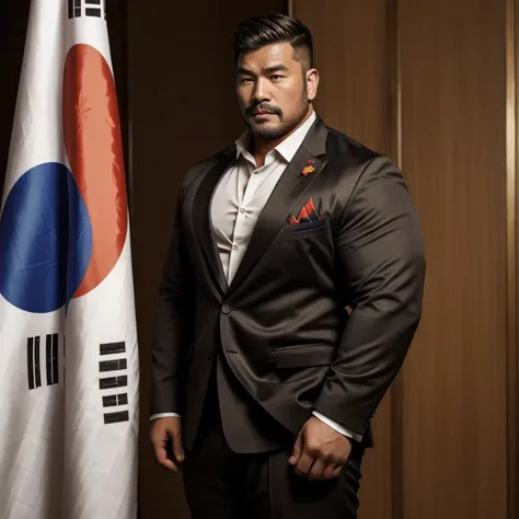 (masterpiece,best quality:1.4), super fine illustration,1 man, solo, asian man, full dress suit, (korean flag :1.3),  chubby mus...