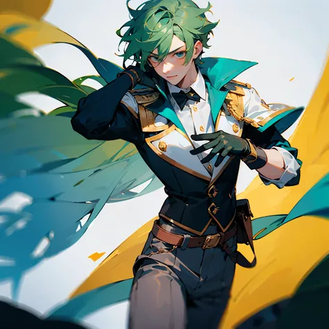 ((best quality)), ((masterpiece)), (detailed), 1boy, green hair, cowboy outfit, pointy gloves