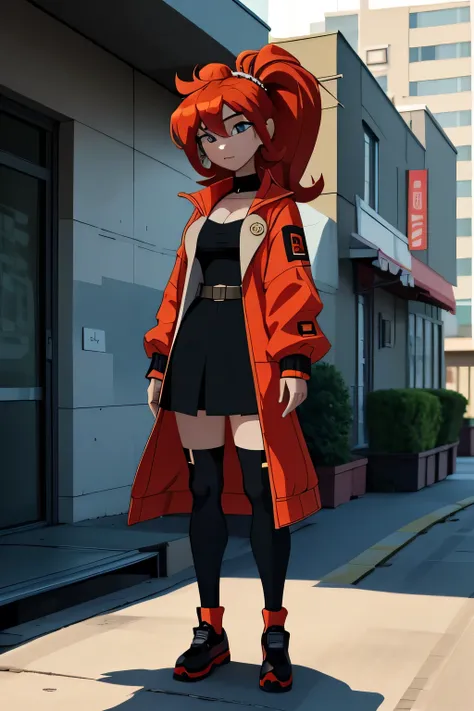 anime style, A highly detailed and realistic 3D model of a young woman standing confidently in front of an orange wall. She has red hair styled in two ponytails and blue eyes.. She wears a red jacket over a black dress., black gloves, and white socks up to...