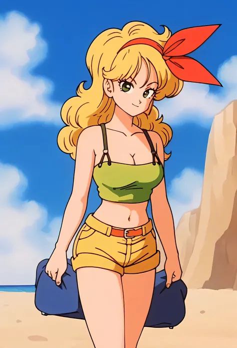 source_anime, score_9, score_8_up, score_7_up, anime screencap, high quality, launch bad, 1girl, solo, blonde hair, breasts, shorts, standing up, arms at sides, looking at viewer, looking up, smile, green eyes, cleavage, green crop top, long hair, sky, clo...