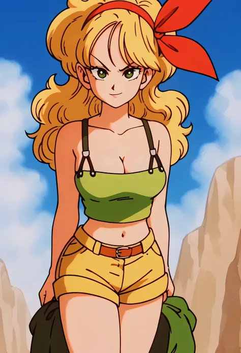 source_anime, score_9, score_8_up, score_7_up, anime screencap, high quality, launch bad, 1girl, solo, blonde hair, breasts, shorts, standing up straight, hands behind back, looking at viewer, looking up, smile, green eyes, cleavage, green crop top, long h...