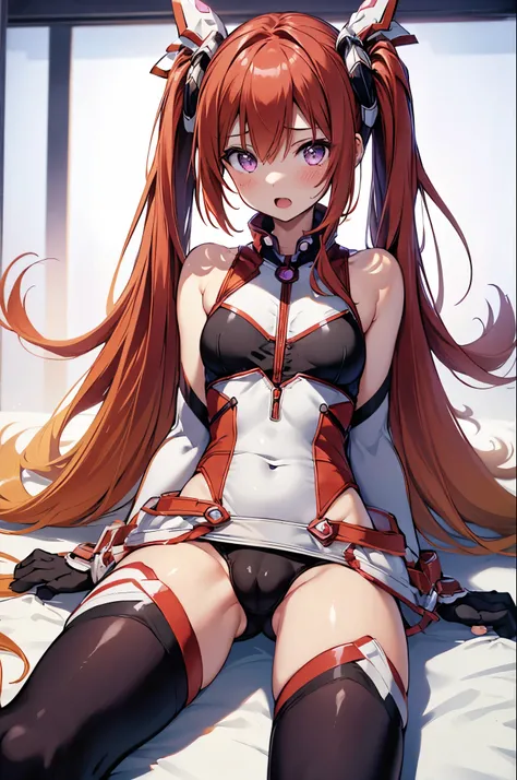 1girl,solo,red hair,twintails,tailreddef,(flat chest,chibi),leotard,(upper body:1.3),(low angle:1.3),open mouth, embarrassed ,blush,spread armpit, arms behind head,sitting,(spread legs:1.3),(legs up),(cameltoe:1.3),(large crotch,mons pubis,tom girl:1.1),ma...