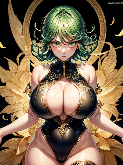 (Tatsumaki), (One Punch Man), big detailed green eyes, green hair, (green eyes), green and gold color palette, Official art, Unity 8k Wallpaper, Ultra-detail, Beautiful and aesthetic, masterpiece, Best Quality, (zentangle, mandalas, Tangle, Entangle), (fra...