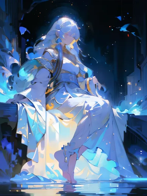 lyria, a girl, the most beautiful woman in the world, sitting in profile, white hair, long sideburns, blue hair, Blue eyes, (((bare feet in the water, wearing a light white dress with moving bands, where her hand touches a fairy) )), depth of a magical for...