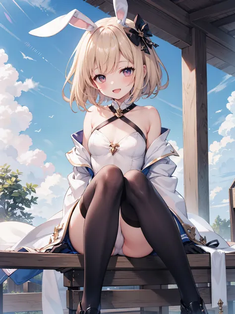 GRANBLUEfantasy,1young_teen_ girl,brown_hair,medium_bob_hair,platina_blond_hair,white_leotard,covered_crotch,thigh-highs,smile,standing,bluesky_landscape_background,slightly_spread_legs,happiness, short_gloves ,solo, r18, navel,relicbuster,short,boots,open...