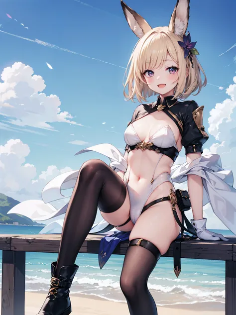 GRANBLUEfantasy,1young_teen_ girl,brown_hair,medium_bob_hair,platina_blond_hair,white_leotard,covered_crotch,thigh-highs,smile,standing,bluesky_landscape_background,slightly_spread_legs,happiness, short_gloves ,solo, r18, navel,relicbuster,short,boots,open...