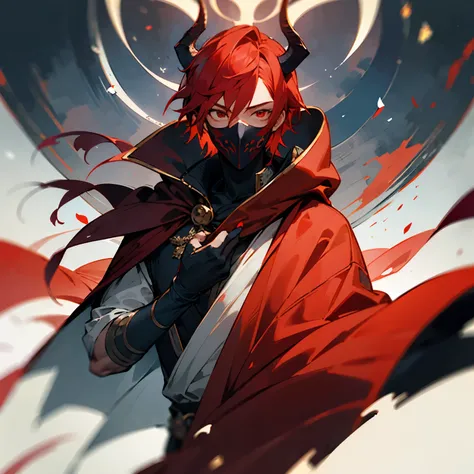 ((best quality)), ((masterpiece)), (detailed), 1boy, half mask with smile, red hair, red eyes, horns, red cloak, cloaked