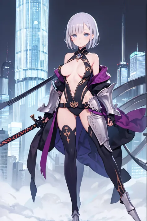 fantasy, 1girl,young_teen, ,silver_hair, short_hair, long_bangs, bare_shoulder,thighhighs,silver_armor, waist_armor, large_breasts,half_eyes,floating, bare_crotch, headgear,gauntlet, greaves,city_background,slightly_spread_legs, solo, groin_naked,hair_over...