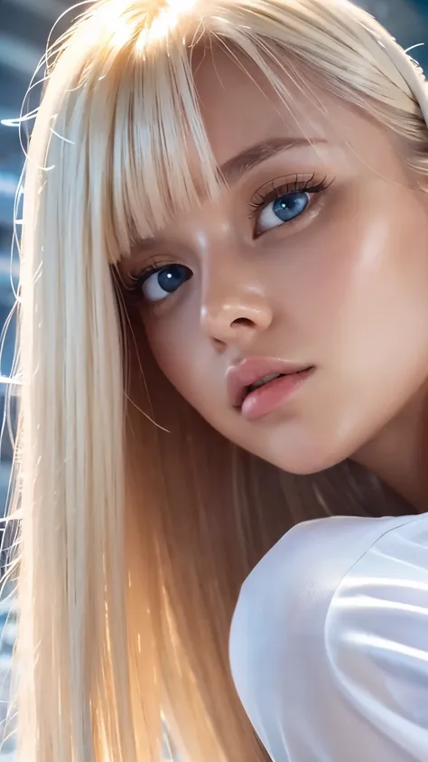 An innocent 20-year-old beautiful platinum blonde、Beautiful, shiny, super long, natural platinum blonde hair、Bangs between the eyes falling on the face、((Wearing an open white T-shirt,Dramatic Pose)),Sexy look,Super long straight blonde silky hair,dazzling...