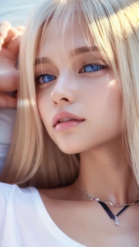 An innocent 20-year-old beautiful platinum blonde、Beautiful, shiny, super long, natural platinum blonde hair、Bangs between the eyes falling on the face、((Wearing an open white T-shirt,Dramatic Pose)),Sexy look,Super long straight blonde silky hair,dazzling...