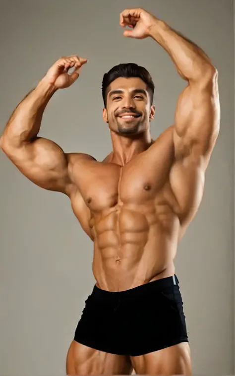 (ultra HD quality image, Photorealistic photoshoot, high quality render of bodybuilder pose) ,Super muscular hunk very handsome Arab man beefy muscle naked, classic quiff hairstyle, , bulging massive round oversized pecs, hypermaculinity, alpha man hunk, m...