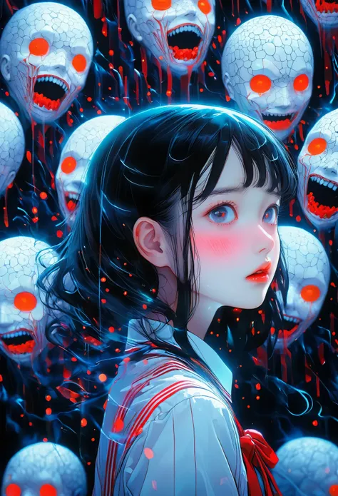 surreal horror, anime style, directed by Junji Ito, high contrast, vivid colors, eerie atmosphere, psychological tension, intricate line work, decapitated heads