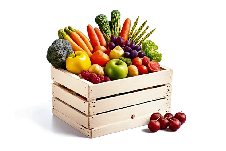 a wooden box with a lot of healthy food, illustration, isolated with solid white background, surrounded with negative space, centered composition, 8k, highest detailed painting, very precise painting, Isolated, clear solid white background, perspective ang...