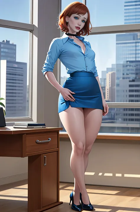 Christina Hendricks, (Christina Hendricks:1.5), masterpiece quality, (masterpiece quality:1.3), detailed, realistic, (realistic:1.3), 1girl, solo, (solo:1.9), alone, in a 1960s office, office desks in background, window of cityscape in background, short ha...