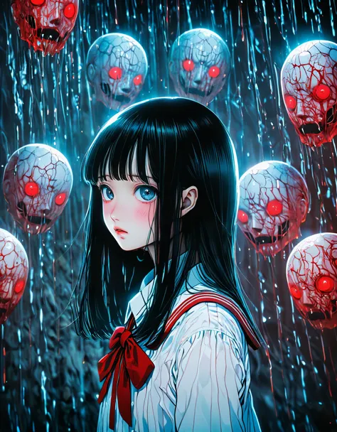 surreal horror, anime style, directed by Junji Ito, high contrast, vivid colors, eerie atmosphere, psychological tension, intricate line work, decapitated heads