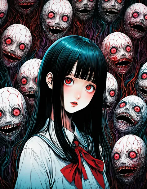 surreal horror, anime style, directed by Junji Ito, high contrast, vivid colors, eerie atmosphere, psychological tension, intricate line work, decapitated heads