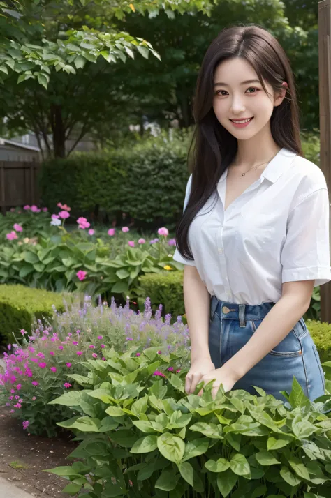 Minami Hamabe,(highest quality,16k,High resolution:1.2),Dark brown long hair,Girls in their 20s,Very detailed,One Girl,A beautiful 26 year old woman,(Minami Hamabe:1.3),(smile),garden,(high quality,ultra detailed,best quality,masterpice,4k,taken by nikon d...