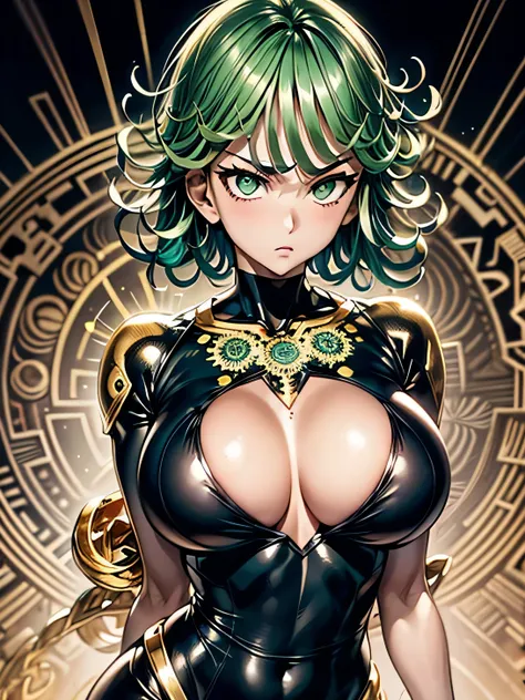 (Tatsumaki), (One Punch Man), big detailed green eyes, green hair, (green eyes), green and gold color palette, Official art, Unity 8k Wallpaper, Ultra-detail, Beautiful and aesthetic, masterpiece, Best Quality, (zentangle, mandalas, Tangle, Entangle), (fra...