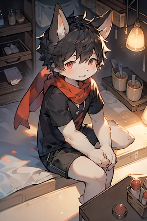 A boy with floppy ears and a weak chin，Bunny ears，Furry boys，Infant and child characteristics，White skin，Gray Arm，Red pupil，scarf，Short sleeve，shorts，Laboratory Background